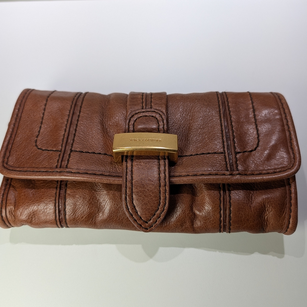 Leather Clutch Wallet in Brown with Gold Hardware